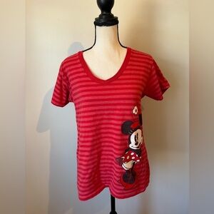 Disney Store Red Striped Short Sleeve V Neck Minnie Mouse T-Shirt Size Large